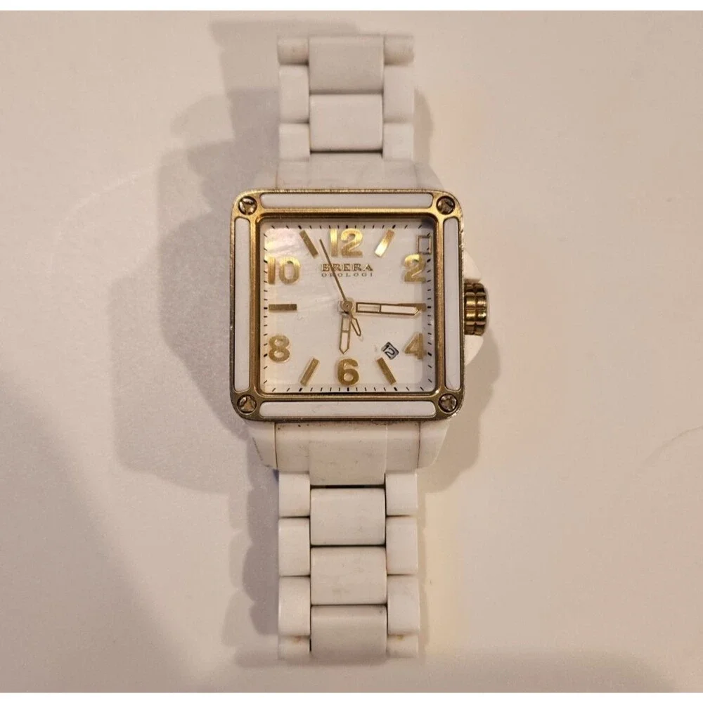 Brera Orologi Stella Mother of Pearl White Ceramic Gold Square Face Ladies Watch